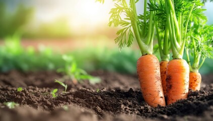 Close-up of freshly harvested carrots in garden soil with vibrant orange hues and green tops, bathed in sunlight