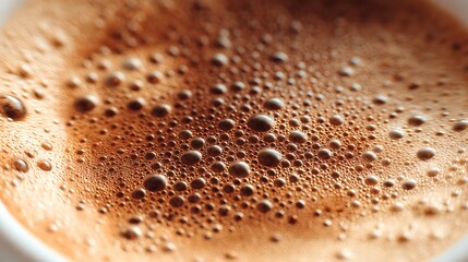 A close up shot showing the surface of a coffee drink with many small and larger bubbles on top view