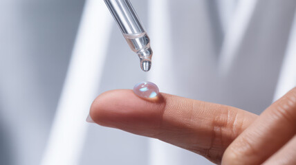 Close-Up of Dropper Dispensing Liquid onto Finger – Skincare or Medical Application Concept