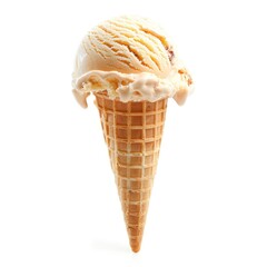 Caramel ice cream scoop in a waffle cone, slightly melting, isolated on white