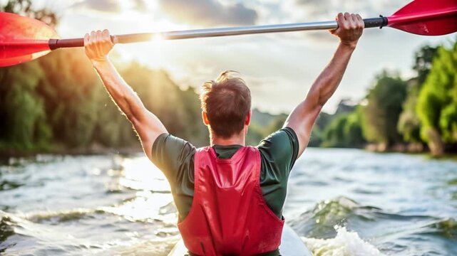 A victorious kayaker lifts his paddle in a moment of triumph, with the sun setting behind him.