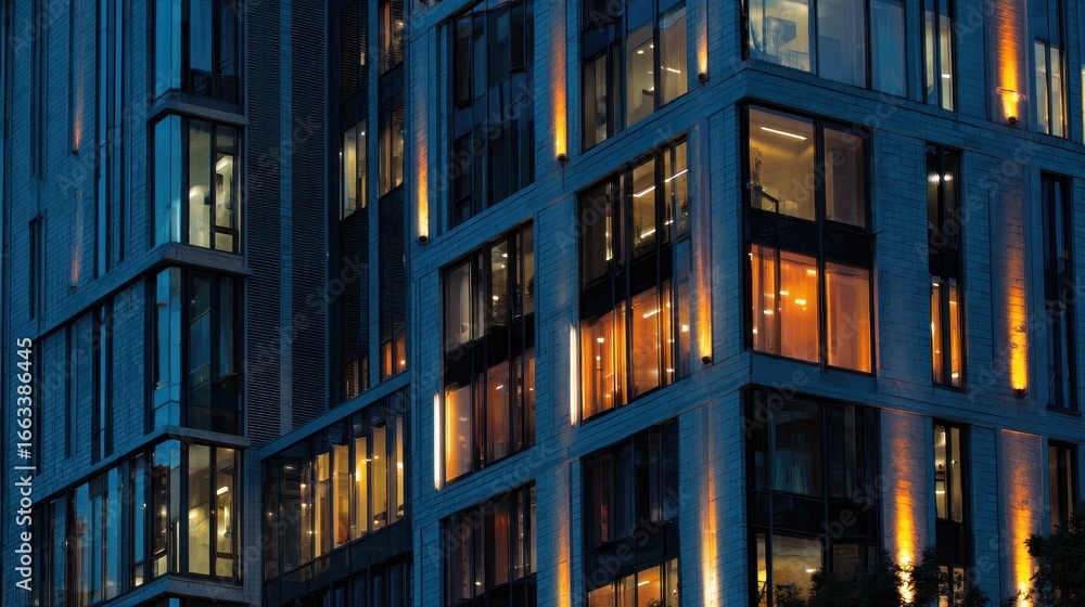 Aufkleber modern architecture illuminated at dusk in an urban setting