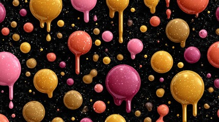 Abstract pattern of dripping, glossy circles in various shades of pink, orange, and gold on a black background