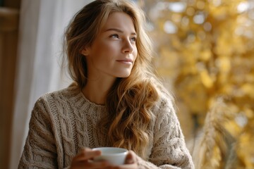 Young caucasian female enjoying autumn with warm beverage indoors
