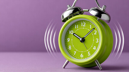 Green alarm clock ringing on purple background