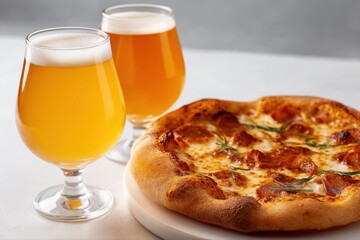 Freshly baked pepperoni pizza with two glasses of craft beer on white surface