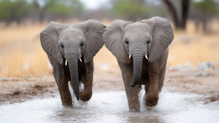 Two baby elephants playing in water on an African safari.