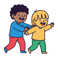 Happy Kids Playing Together: Two joyful children, one with curly hair and the other with blond hair, engage in playful interaction, their faces lit up with genuine smiles.