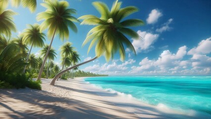 Fototapeta premium Tropical beach scene with swaying palm trees under a vibrant sky.