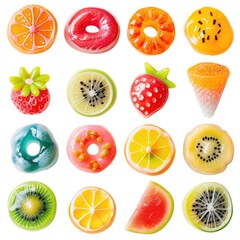 Colorful fruit and donut-shaped candies arranged in a grid pattern
