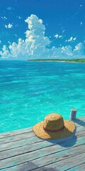 Obraz premium Serene beach scene a straw hat rests on a weathered wooden dock overlooking a tranquil turquoise ocean under a bright, partly cloudy sky