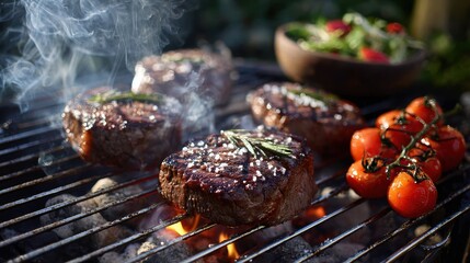 Grilling steak and tomatoes with fresh herbs on an outdoor barbecue in the garden