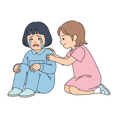 Empathy and Support: An illustration portrays a tender moment as one child comforts a crying friend, demonstrating compassion and emotional support.