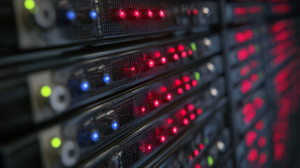 Naklejka premium Racked network servers with LED error indicators lit 