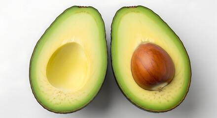 Halved Avocado with Seed on White Background