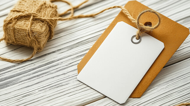 Blank price tag with string on wooden surface, natural brown and white colors, rustic style label for product or gift, cozy and simple design with twine and textured background