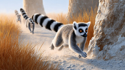 Ring-tailed lemurs running on savanna with tall grass.