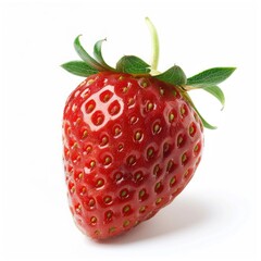 Single, ripe strawberry, vibrant red hue, glossy surface, small seeds visible, fresh green leaves attached to stem, isolated on white background