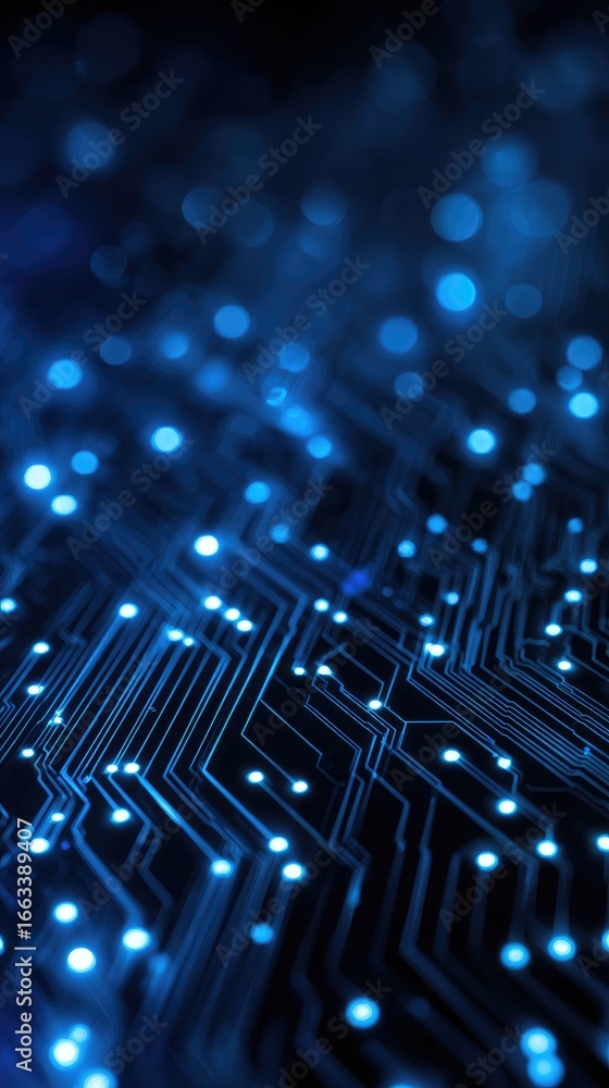 Fototapete glowing blue circuit board with intricate pathways and illuminated nodes, creating a technological a