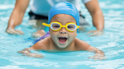 A young child with blue swimming cap and goggles, looking excited with mouth open, swimming in a pool with an instructor behind them