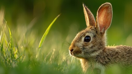 Fototapeta premium Curious rabbit explores a green meadow during sunny spring afternoon