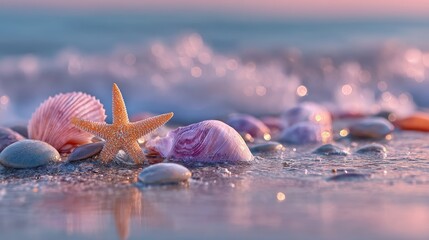 Starfish and seashells on wet sandy shore with shimmering ocean waves, ideal for travel marketing, resort promotion, nature editorial, wellness branding, coastal serenity

