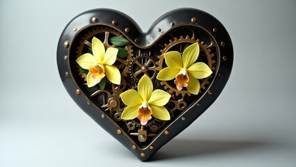 Heart shaped container with three yellow orchids and decorative elements
