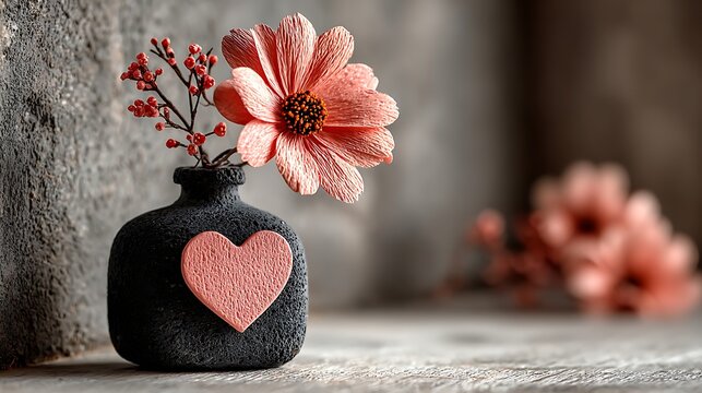 Black vase with pink heart and coral flower image