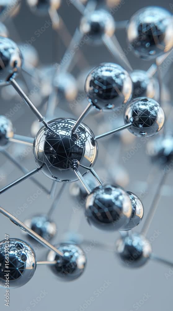 Poster explore the intricate design of molecular structures showcasing metallic spheres interconnected by f
