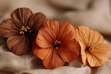 Earthy terracotta and amber flowers on linen for autumn decor, bohemian home styling, natural skincare packaging, organic editorial layouts


