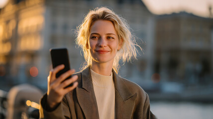 A woman video conferencing with her colleagues on her mobile phone from an outdoor location (3)