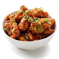 Crispy, golden-brown chicken pieces in a sweet-savory sauce, topped with sesame seeds and green onions, in a white bowl