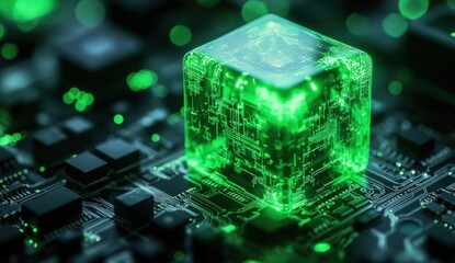 A glowing, green cube, etched with circuitry, sits atop a computer motherboard, symbolizing technology and data processing