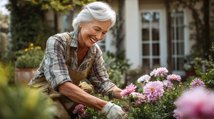Senior woman joyfully gardening in her backyard during a sunny afternoon
