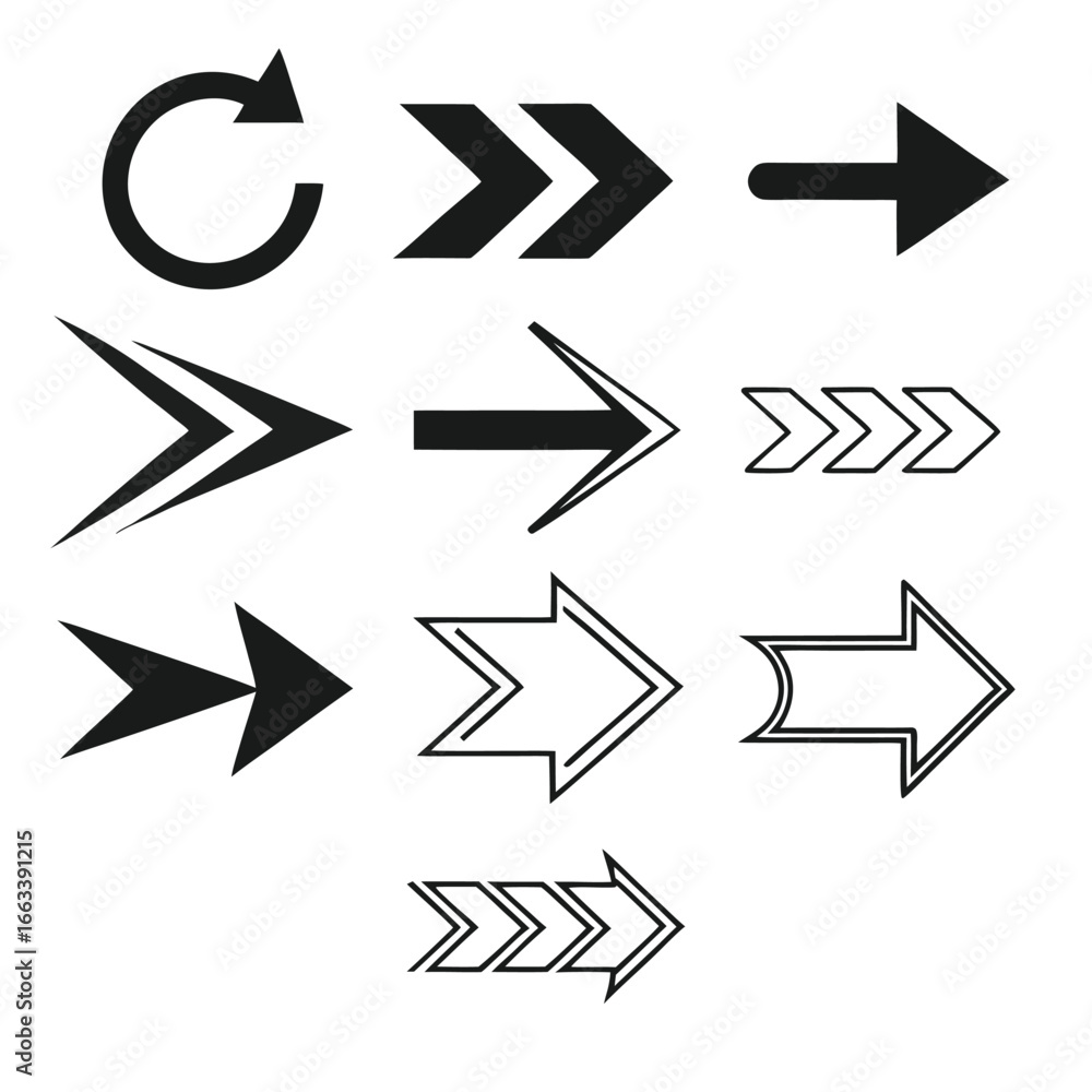 Poster collection of black arrows pointing right and circular refresh symbol direction