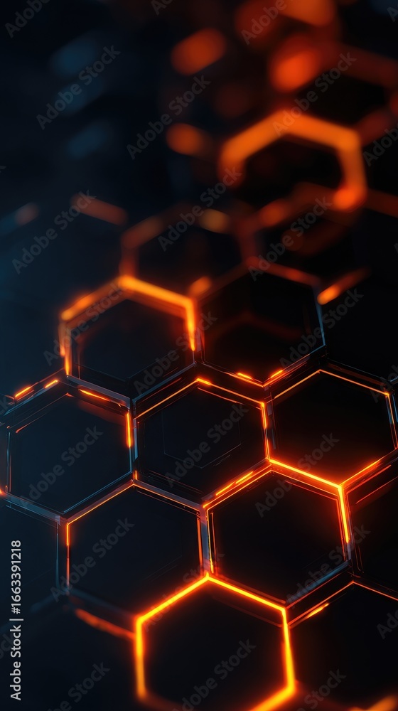Aufkleber glowing orange hexagons form a dark, abstract, three-dimensional honeycomb pattern, with blurred edg
