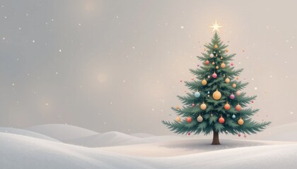 Fototapeta premium A beautifully decorated tree stands alone in a serene winter wonderland landscape