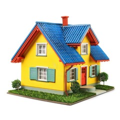 Colorful, stylized model house, yellow exterior, blue roof, small trees, isolated on white