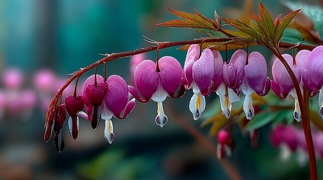 Delicate pink bleeding heart flowers with water droplets dicentra spectabilis pink flowers - Powered by Adobe