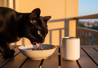 Sleek black cat with green eyes eating a meal from a white bowl on a balcony table during a warm golden hour sunset.