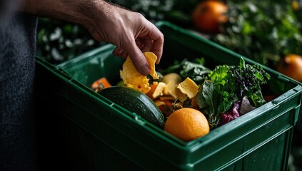 Hand adding food scraps to a green compost bin filled with produce. Blurred background