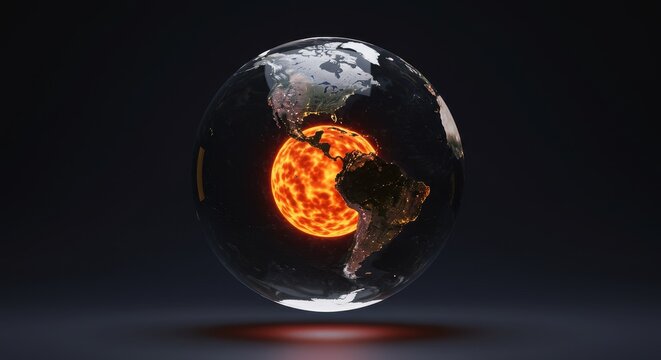 Earth's Interior A Cutaway View Revealing the Fiery Core and the Continents of our Planet