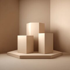 Three beige geometric prisms on a hexagonal platform in a muted beige corner setting, softly lit
