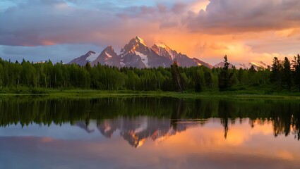 Majestic snow capped mountains bathed in golden sunset light reflected in serene lake reflection trees