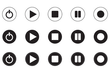 Media Control Icons Set. Power, Play, Stop, Pause, Record Buttons