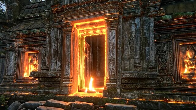 Ancient temple doorway ablaze with fire