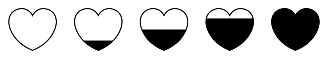 Love meter, loading indicator, love sensor concept with black heart. Heart icons set from empty to full. Measurement of lives for games. Vector illustration.
