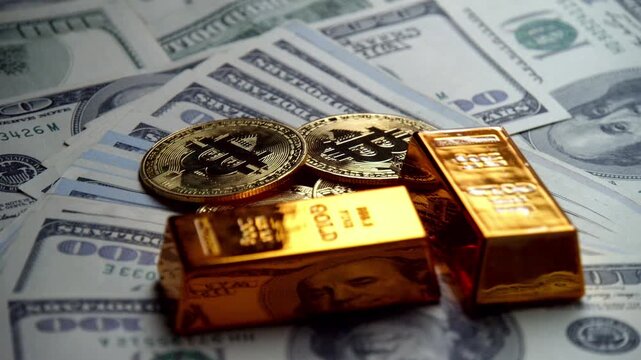 Digital Bitcoin Coins On Dollar Background Highlight Crypto.Rotating Coins Symbolize Rise Cryptocurrency Mainstream Investment Asset,Integrated With Traditional Fiat Currency For Future Global Finance