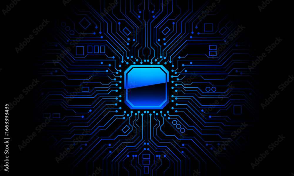 Poster abstract blue circuit board technology connected lines electronics elements computer motherboard chi