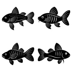 Naklejka premium Four black and white fish illustrations with varying patterns and fin designs in a square format